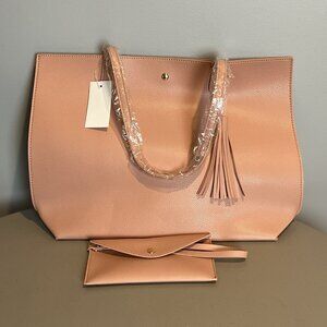 Hoxis Pink Pebbled Faux Leather Tote Shoulder Handbag w Wristlet Purse NWT